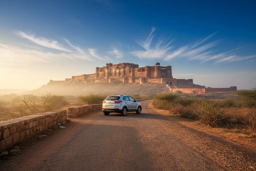 The approach road to a Rajput hill fort in the morning light, with a car on the road