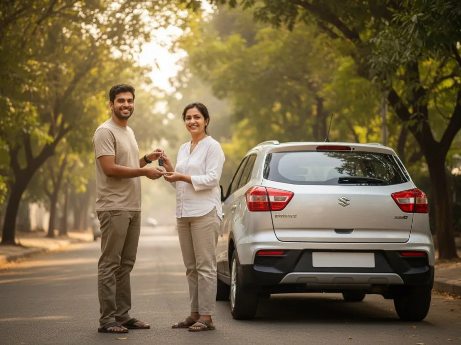A host handing car keys to a traveller beside a parked car on a tree-lined street in India