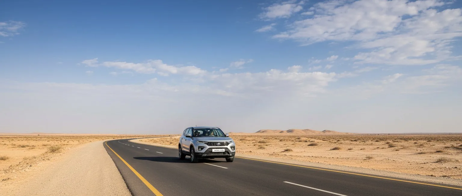 A self-drive car on an open highway through Rajasthan, India
