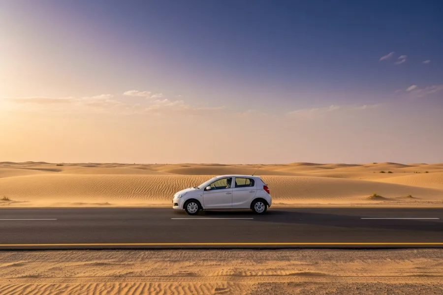A desert highway running through the golden dunes of the Thar near Jaisalmer